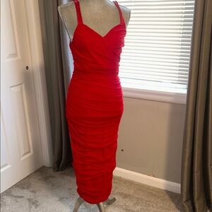 SHEIN Red Bodycon Midi Dress with Ruched Style and Sweetheart Neckline